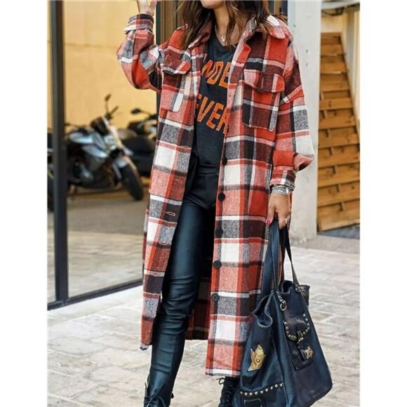 Red Plaid Print Oversized Button Down Long Midi Trench Flannel Jacket Coat - Picture 1 of 7